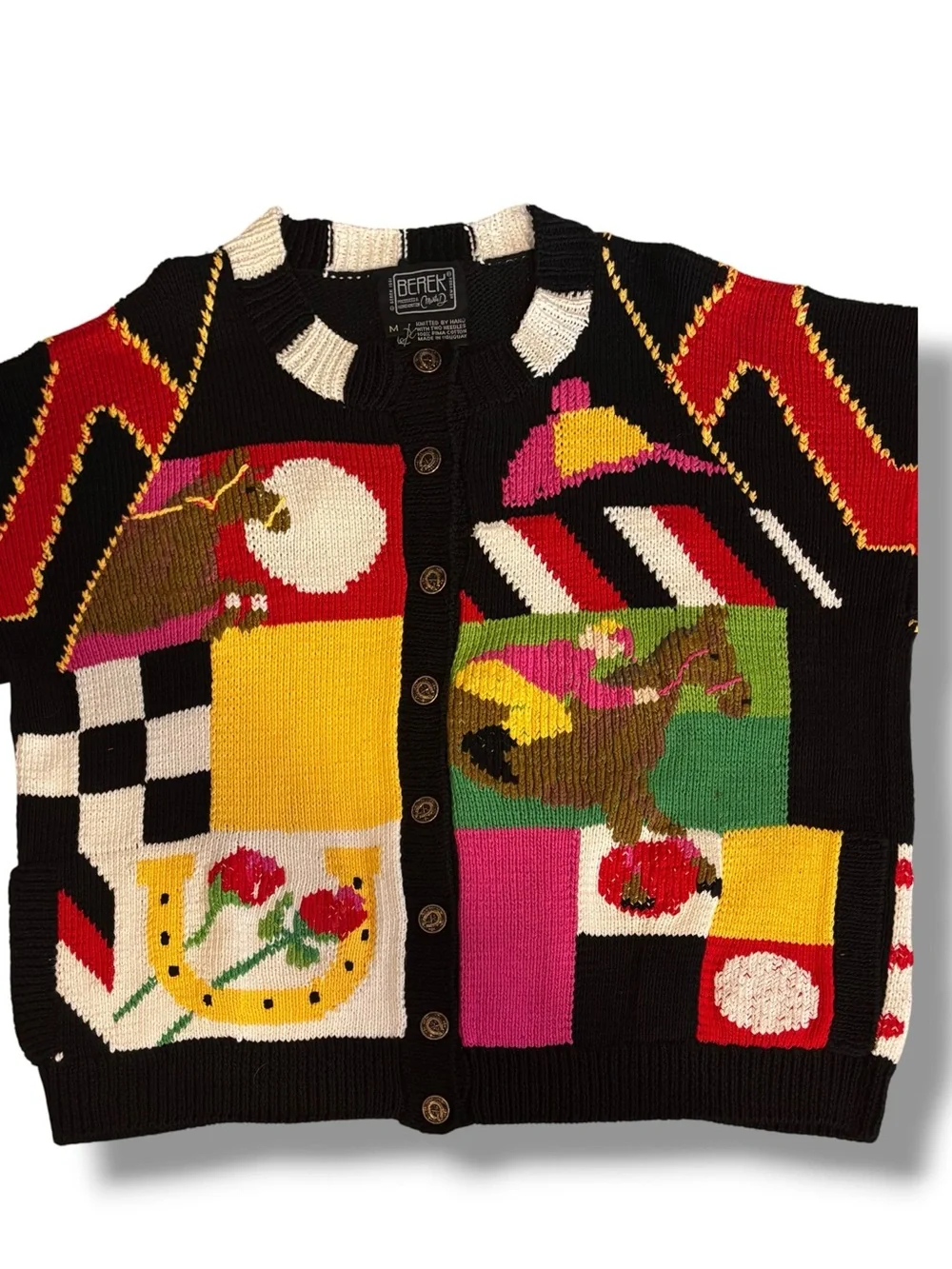 Vintage 1991 Berek Hand-knit Cardiagn Horse Jockey Racing Kentucky Derby Sz M